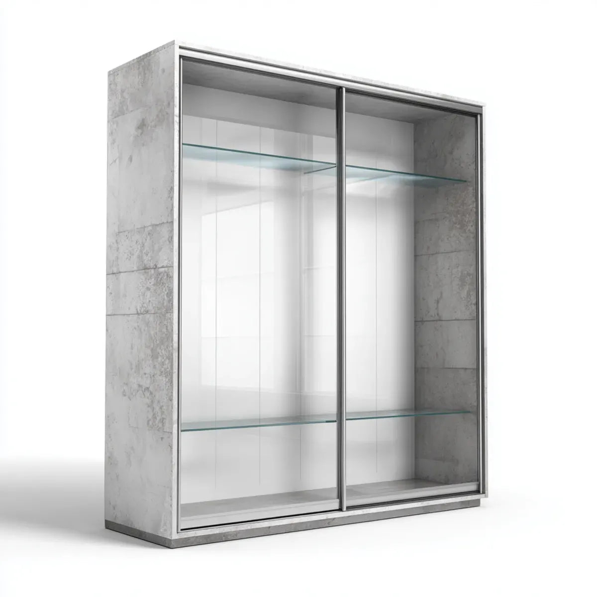 Szafa szklana z bramami przesuwanymi szary beton 120 x 45 x 180 cm panele z elementów i prostokątne szkło hartowane