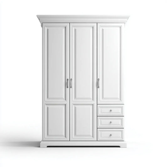Szafa 3-drzwiowa 3 szuflady biały 150 x 60 x 220 cm w prostokątnych panelach MDF
