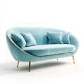 Sofa, Zakrzywiona niebieska sofa w poliestrowym aksamicie ze złotymi nogami 180 x 85 x 80 cm