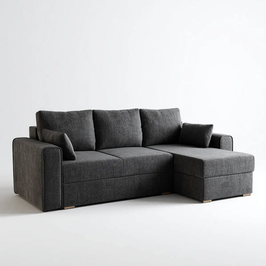 Sofa narożna 3 fotele ciemnoszary 230 x 150 x 85 cm w poliestrze z krzesełkiem z długiem od prawej do L