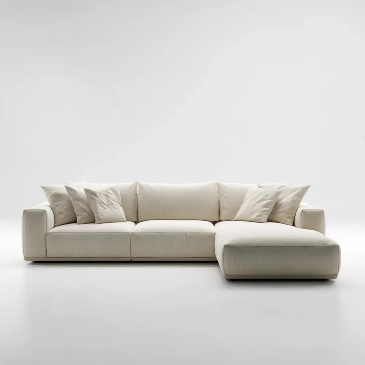 Sofa, Kanapa narożna z szewcem z prawej beżowej poliestru 300 x 170 x 85 cm