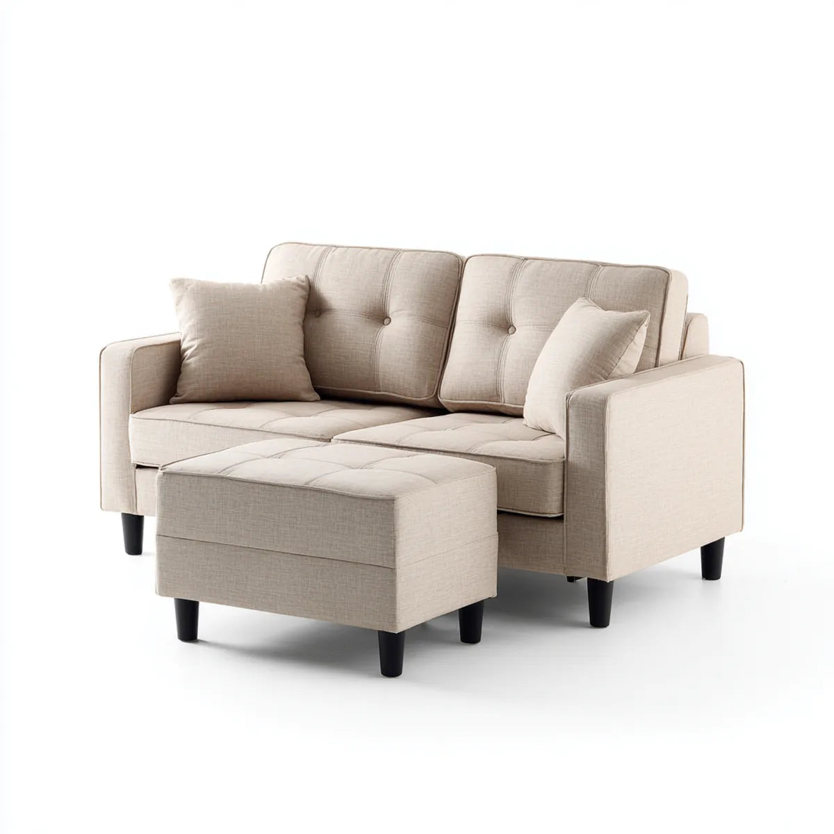 Sofa 2 fotele z beżowymi pufami w prostokątnym poliestrze 150 x 85 x 86 cm