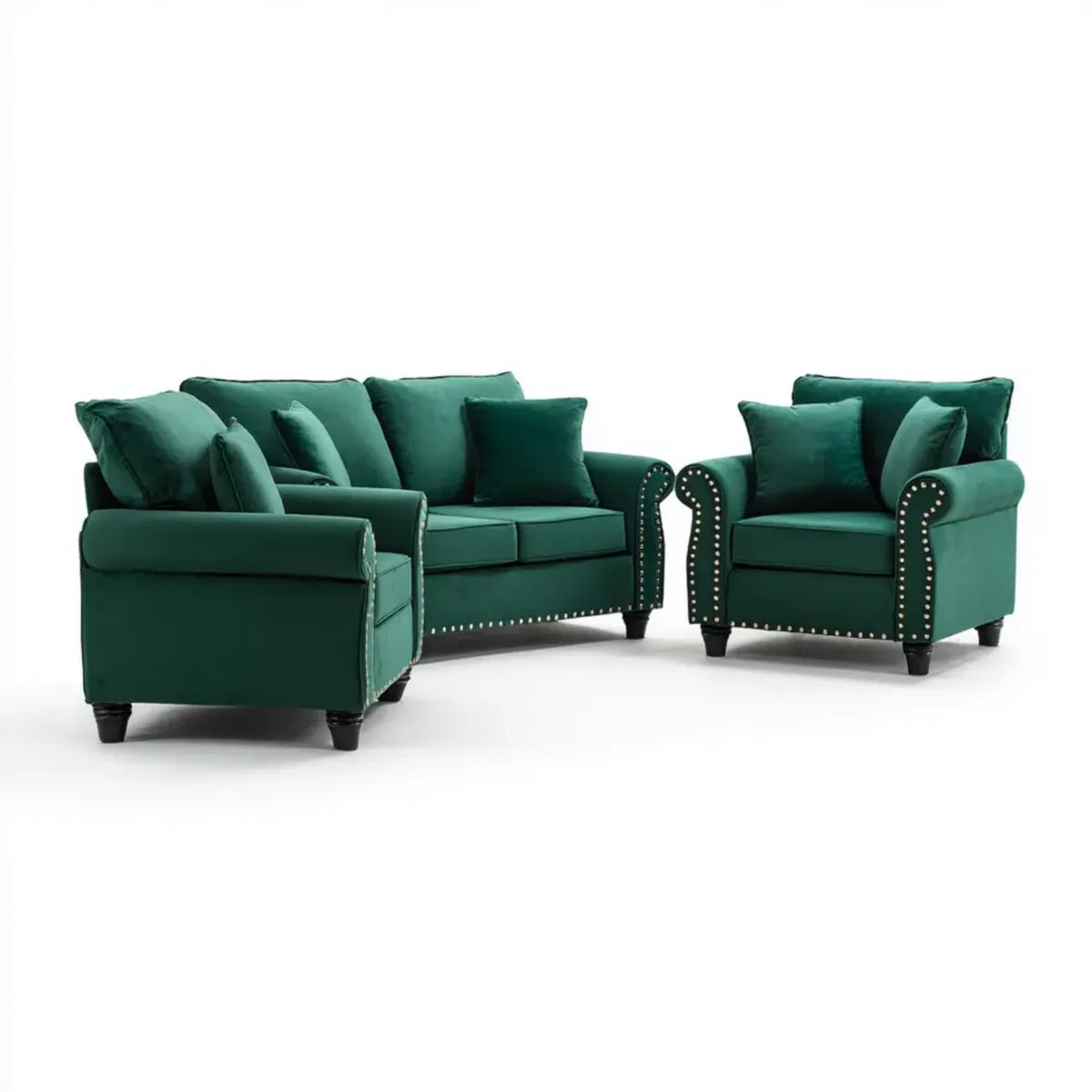 Sofa, Zestaw sof 3 kawałki zielony aksamitny prostokątna poliester ze kolcami 2 fotele 100 x 90 x 85 cm i sofa 2 miejsca 170 x 90 x 85 cm