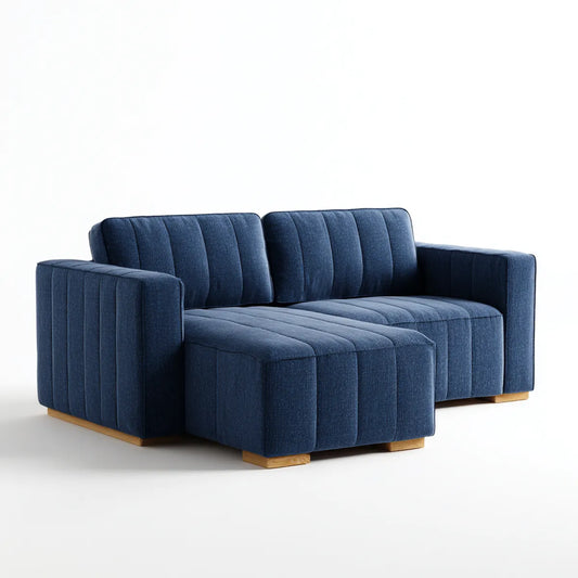 Sofa, Kanapa narożna 2 fotele z krzesełkiem z lewym niebieskim poliestrem marynarskim 220 x 150 x 85 cm do L