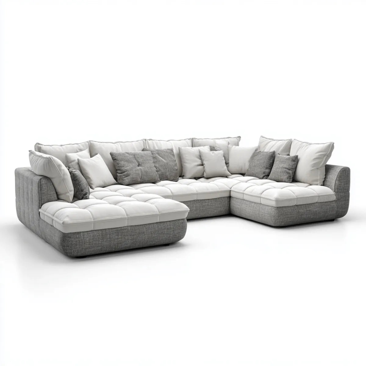 Sofa, Kanapa narożna z krzesełkiem z haczykiem białym i szarym skórzanym PU i poliestrem 300 x 220 x 85 cm