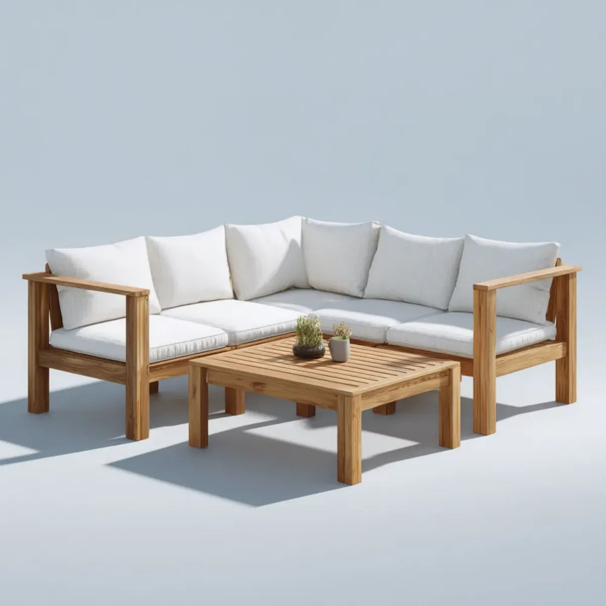 Sofa ogrodowa, Ogród narożnik salon 3- fotel z naturalnego białego stołu do kawy z drewna acacia kształt litery 220 x 220 x 65 cm