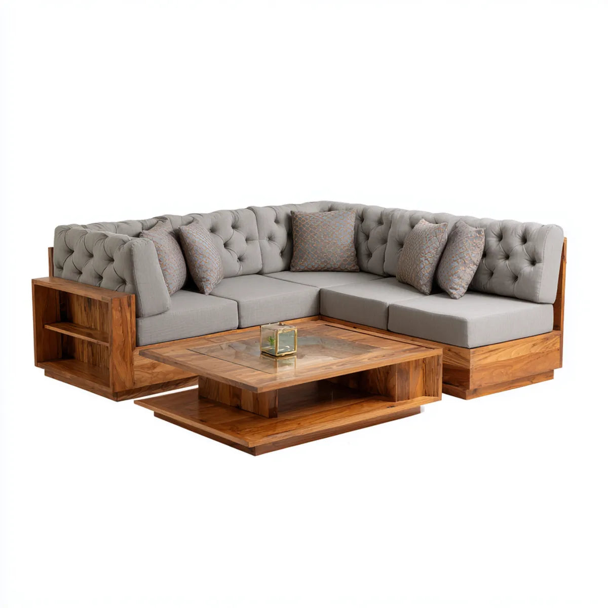 Sofa ogrodowa, Taras Lounge Zestaw narożna kanapa z stolikiem do kawy szary Brązowy Acacia lite drewno kształt litery 280 x 220 cm