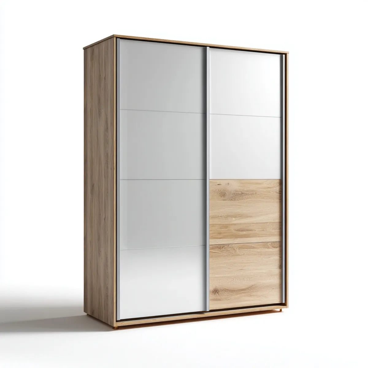 Szafa, Szafka sypialna z 2 drzwiami przesuwanymi, biały i dębowy 180 x 60 x 200 cm, prostokątna płyta melaminowana