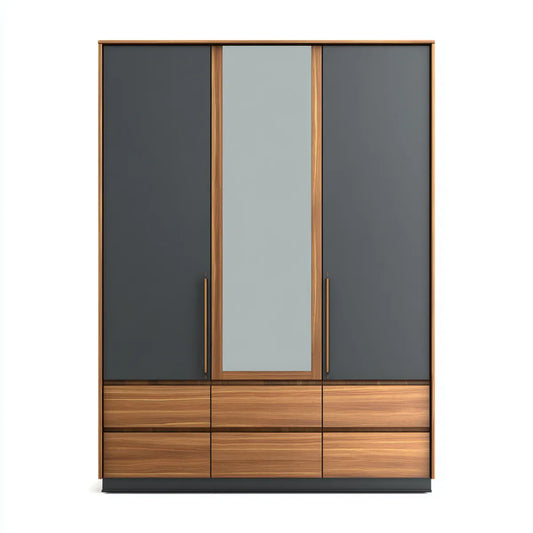 Szafa sypialna 3 drzwi 6 szuflady antracyt orzechowy z prostokątnym lustrem 180 x 60 x 220 cm w melaminowanych panelach MDF