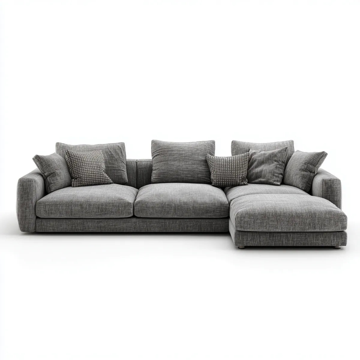 Sofa, Kanapa narożna 3 fotele w szarym poliestrze z krzesełkiem z prawej strony 280 x 160 x 85 cm