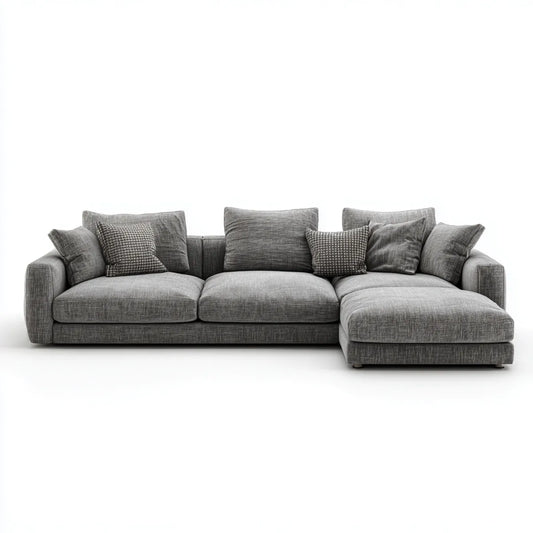 Sofa, Kanapa narożna 3 fotele w szarym poliestrze z krzesełkiem z prawej strony 280 x 160 x 85 cm
