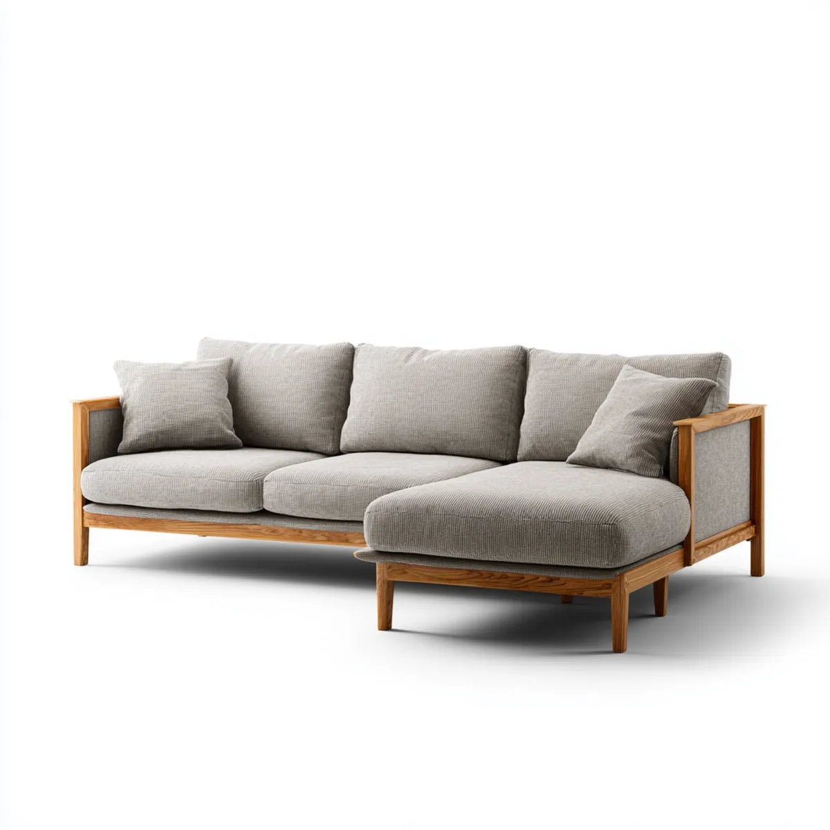 Sofa, Kanapa narożna 3 fotele z krzesełkiem z prawej strony szarej i dębu poliestrowego i litego drewna 285 x 165 x 82 cm