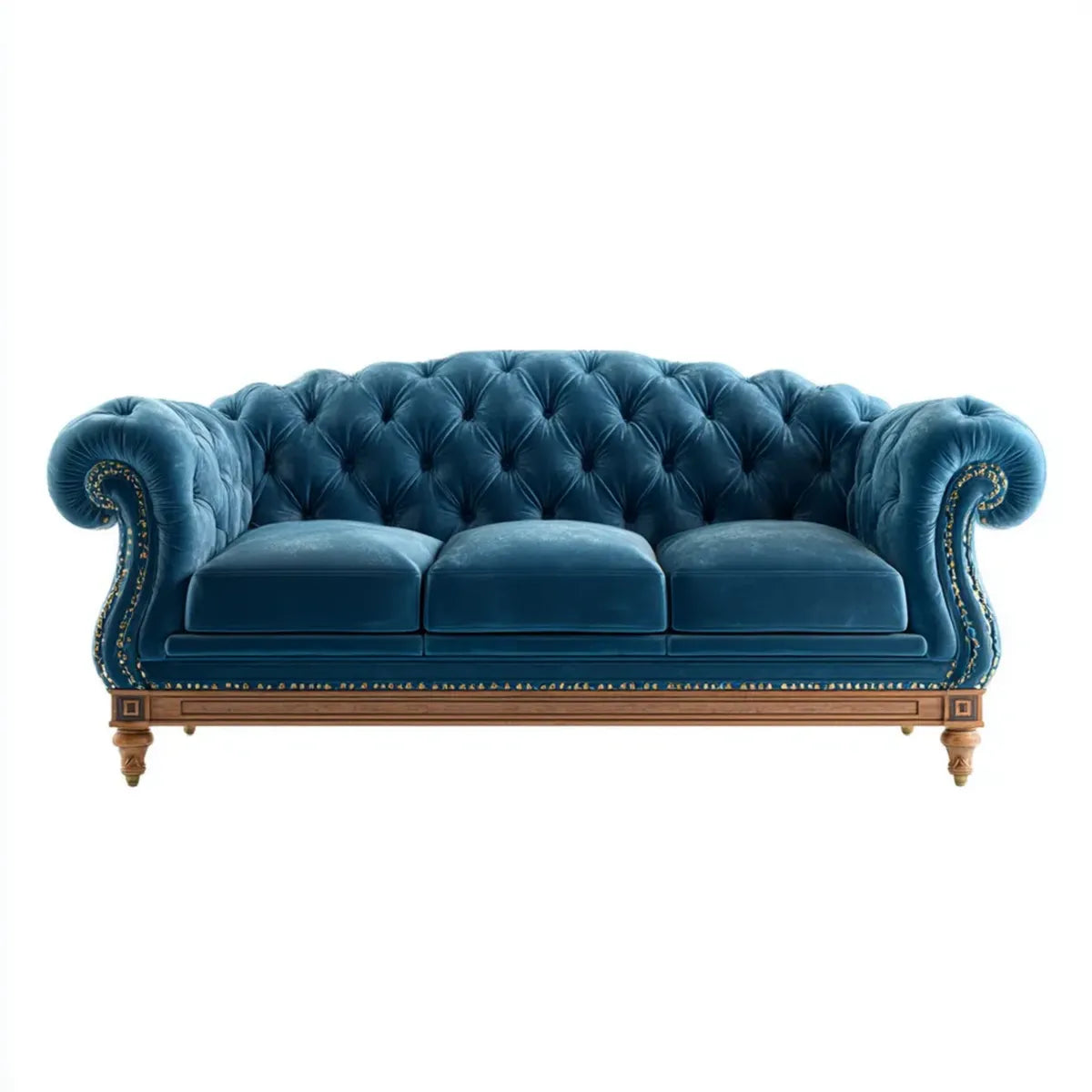 Sofa, Kanapa Chesterfield 3 fotele niebieski octanium w poliestrowym aksamicie z litym drewnianym ramą 230 x 95 x 82 cm
