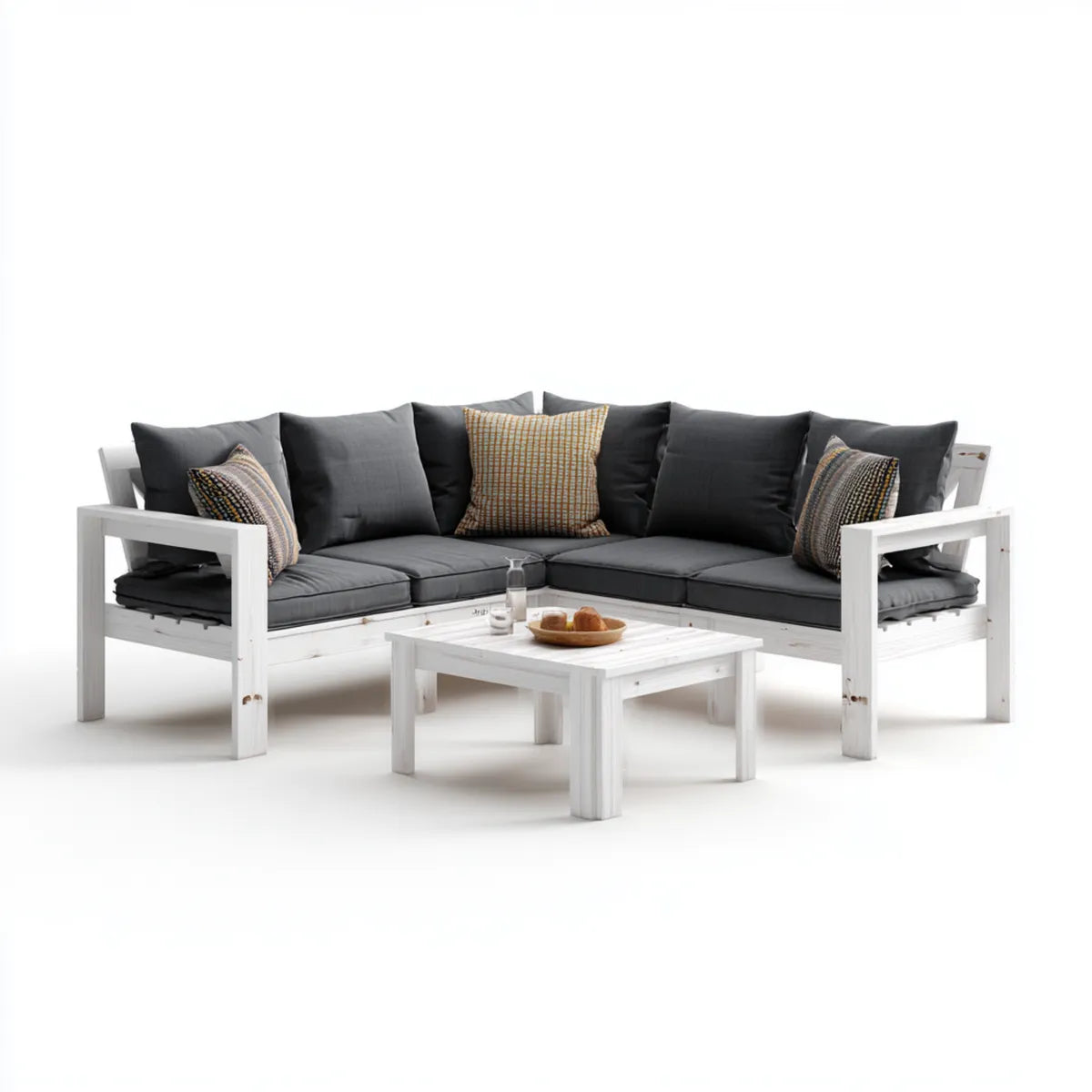 Sofa ogrodowa, Ogród Lounge zestaw narożnik Sofa Biała 4-osobowy lite drewno sosna kształt litery 140 x 140 x 67 cm z stolik kawowy 60 x 60 x 36 cm